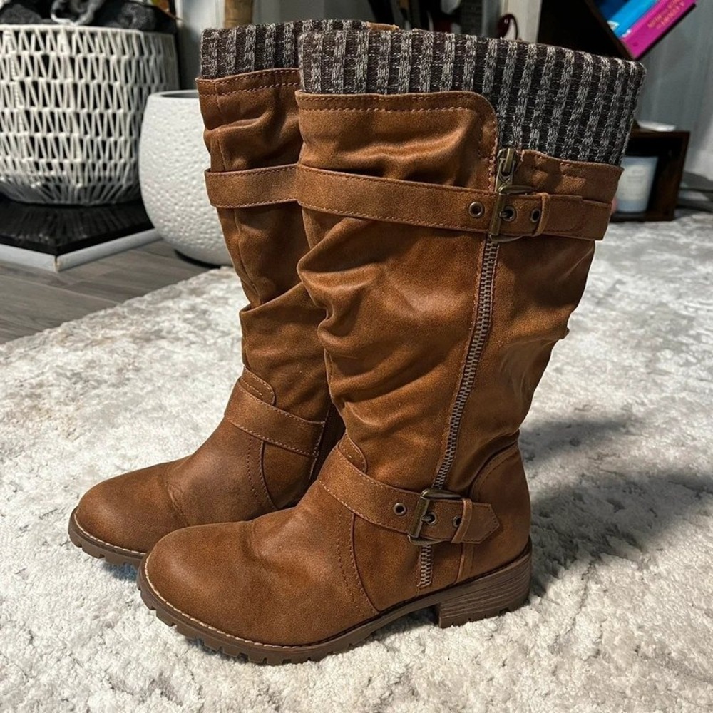 Xappeal Women's Brown Cognac Slouchy Moto Boots Buckle Zip Sweater Cuff